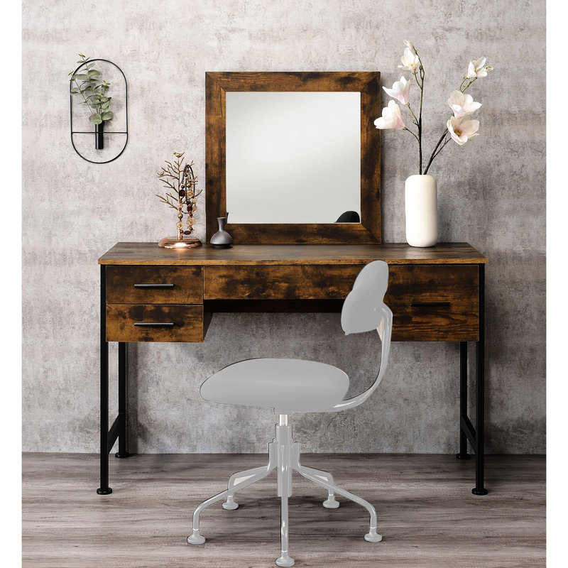 4 Drawers Vanity, Rustic Oak Finish, Black Metal Accents, 18"l X 18"h Mirror, Particle Board And Build