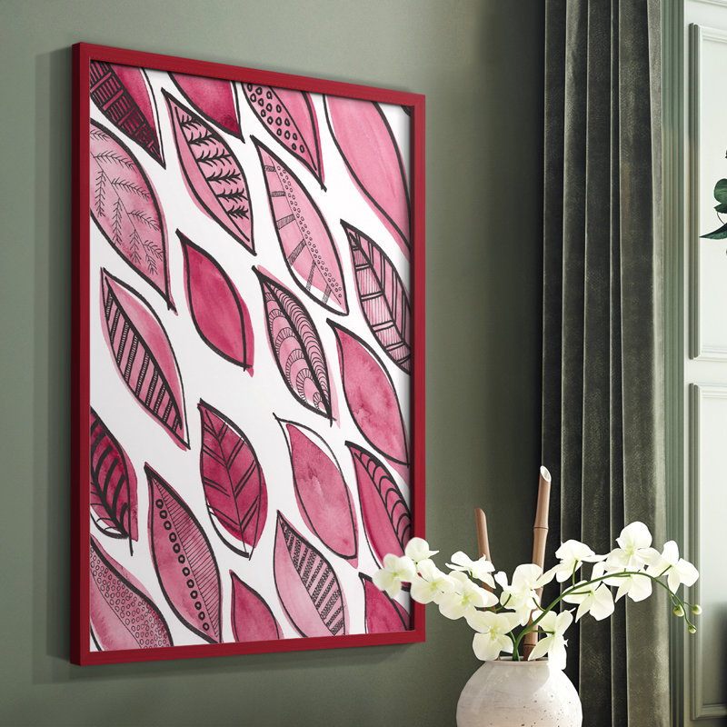 Reproduction encadrée de motifs de feuilles à motif III - bois massif, Rouge, H 10 po x l 8 po
