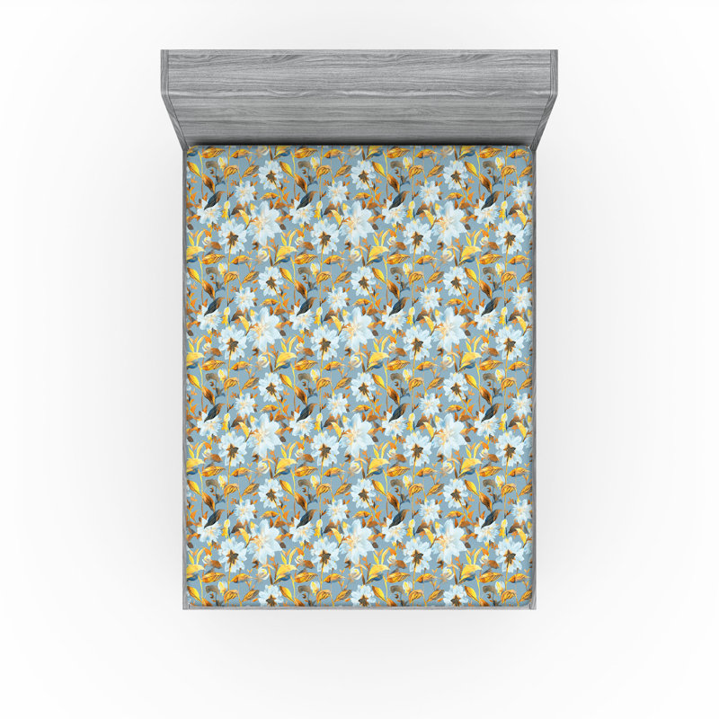Ambesonne Nature Fitted Sheet Leaves Botanical Style Art, Marigold/Blue/Gray Floral, California King Fitted Sheet
