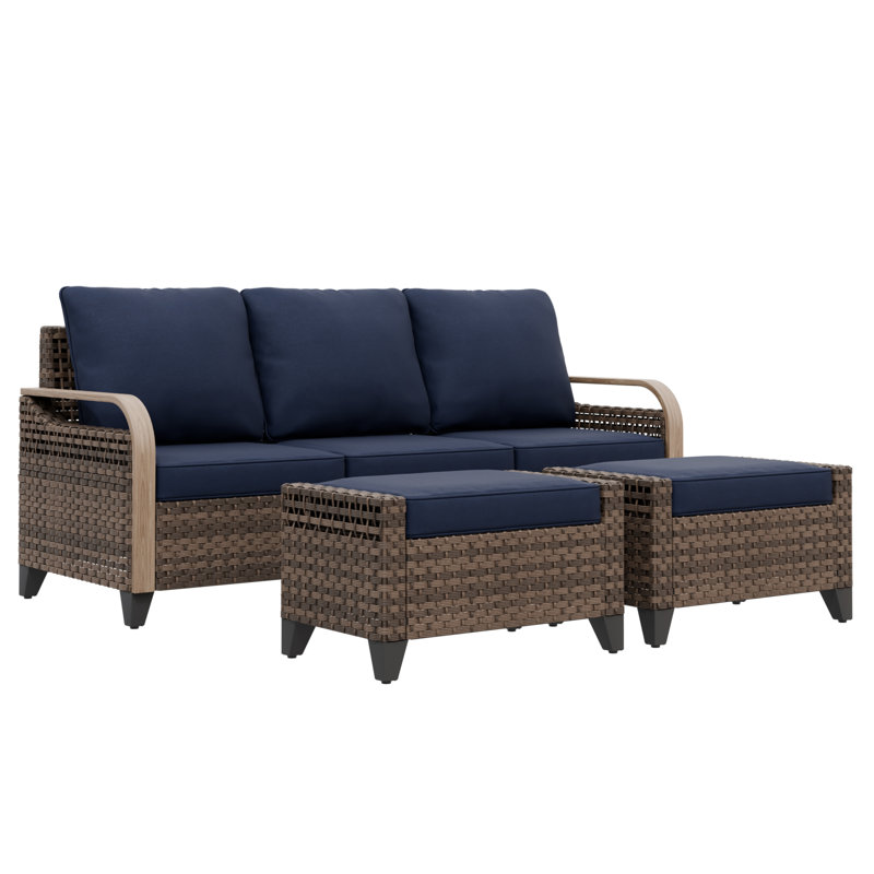 Outdoor Wicker Rattan Patio Sofa with Cushions and Ottomans, Blue