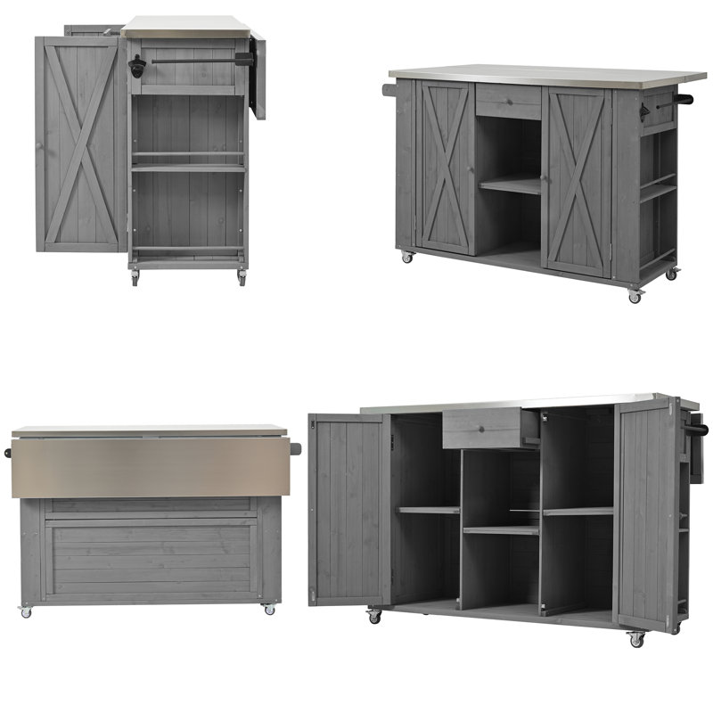 52" Outdoor Kitchen Island / Pizza Oven Stand with Stainless Steel Top - Foldable Rolling BBQ Prep Cart - Gray, Gray