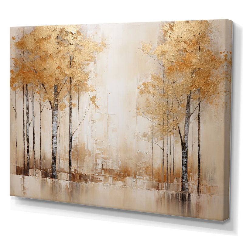 Minimalisme beige et forêt dorée sur toile, Toile tendue, H 24 po x l 32 po