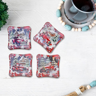 Square Ceramic Coaster Car And Santa - Set Of 4