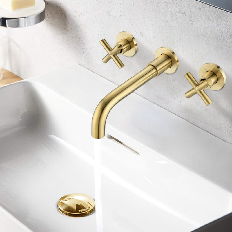Robinet de salle de bain mural en or brossé - Laiton et utilisation durable à long terme