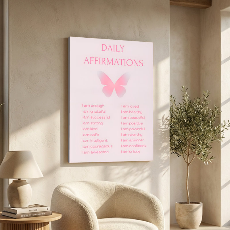 Affirmations quotidiennes avec papillon rose et citations positives - Impression d'art mural moderne sur toile tendue sur châssis, 91,4 cm (H) x 61 cm (L), prête à être accrochée