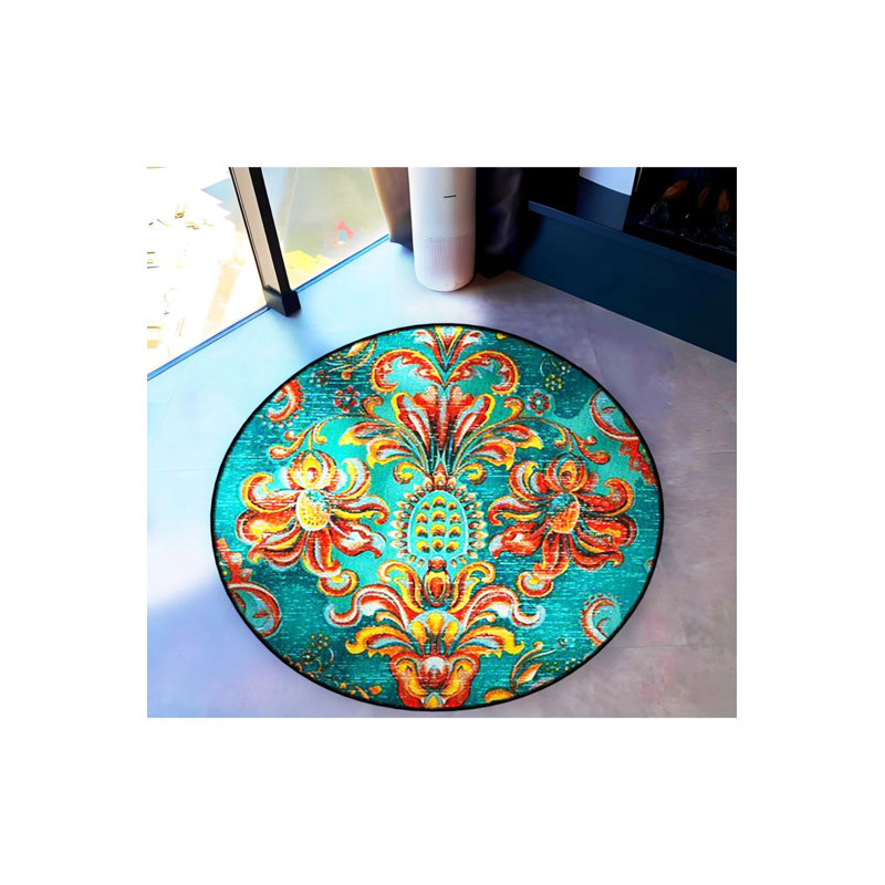Woven Base Modern Decorative Carpet With Green Orange Pattern Detail, Round 2'8"