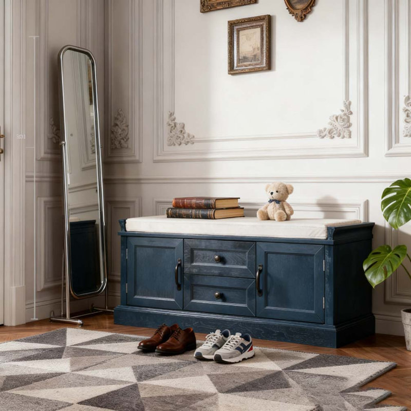 Storage Bench with 2 Drawers and 2 Cabinets, Shoe Bench with Removable Cushion, Antique Navy
