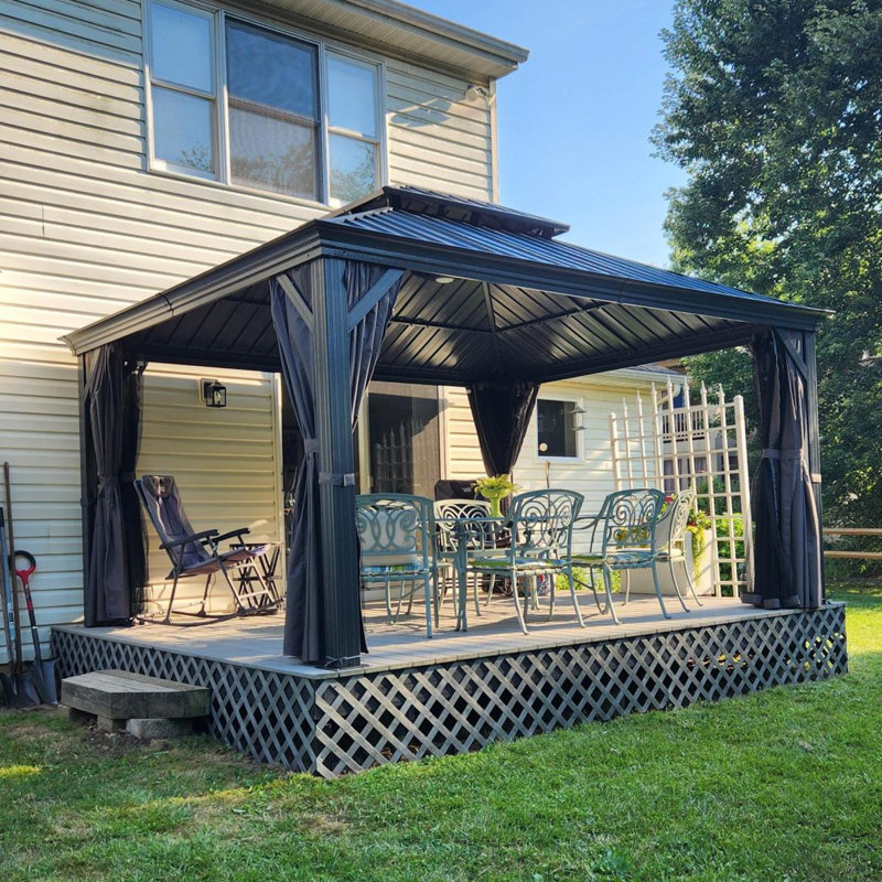 12' X 14' Hardtop Gazebo Permanent Aluminum Outdoor Gazebo With Galvanized Steel Double Roof, Drainage Gutters, Curtains, And Netting For Party, Wedding, Dining