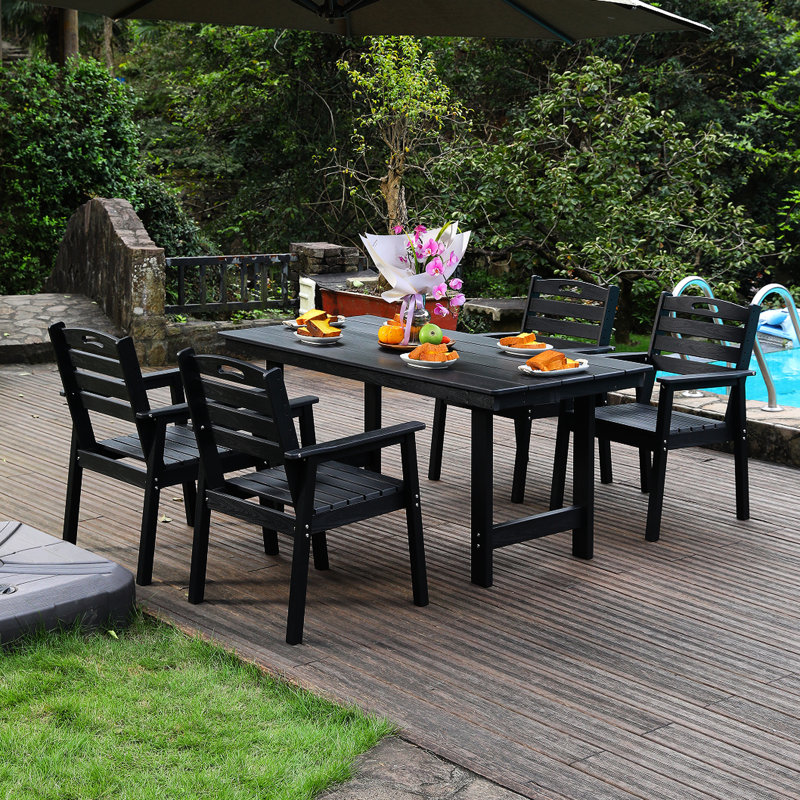 Repas d'extérieur, style, noir, sièges 4, avec trous de parasol, convient aux pelouses et au bord de la piscine, aux intempéries, à la construction, peu d'entretien, facile à nettoyer, une table, quatre chaises, des espaces,