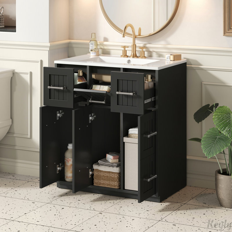 Meuble-lavabo de 30 pouces avec lavabo encastré, tiroirs à fermeture en douceur et rangement escamotable pour une fonctionnalité accrue