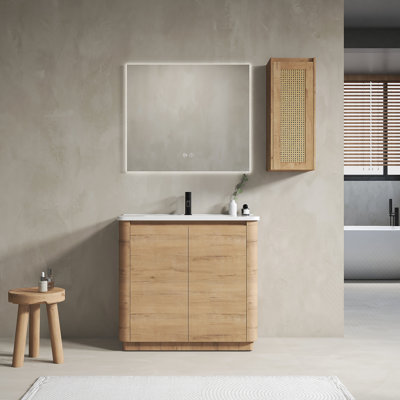 Meuble-lavabo autoportant de 36 po avec lavabo en céramique et 2 portes à fermeture en douceur et armoire latérale, emballage KD, contreplaqué