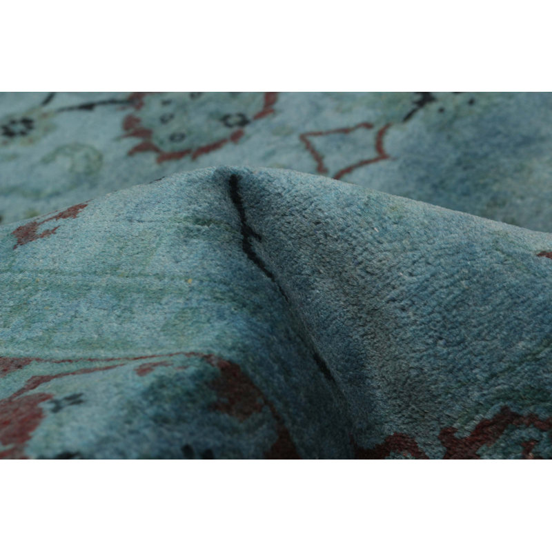 Tapis bleu denim clair en laine noué à la main de conception unique 4 pi 10 po x 7 pi 4 po