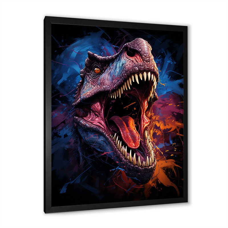 «Colorful Roaring Trex Dinosaur IV» - art mural dinosaure, H 32 po x l 16 po x P 1 po, Cadre simple noir