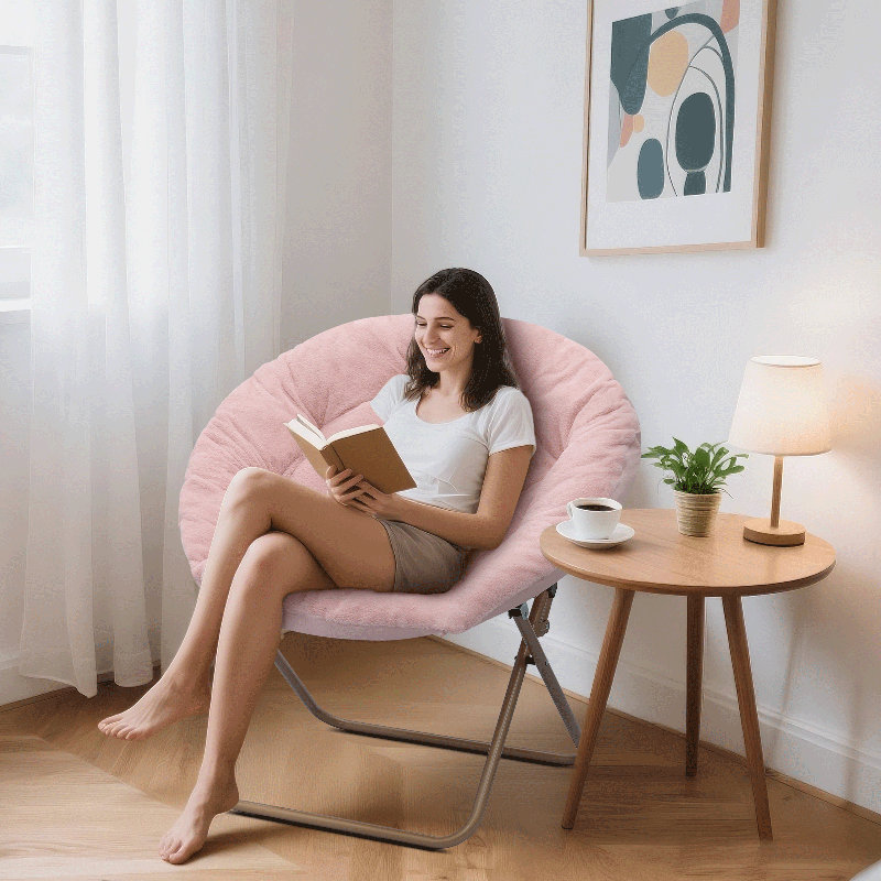​​300Lb Capacity Folding Saucer Chair 33" Round Metal Frame Synthetic Fur​​ Lounge Chair X-Base 6.5" Fold Depth, Pink
