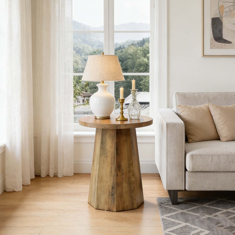Wooden Round Couch Side Table with Octagonal Base, Brown