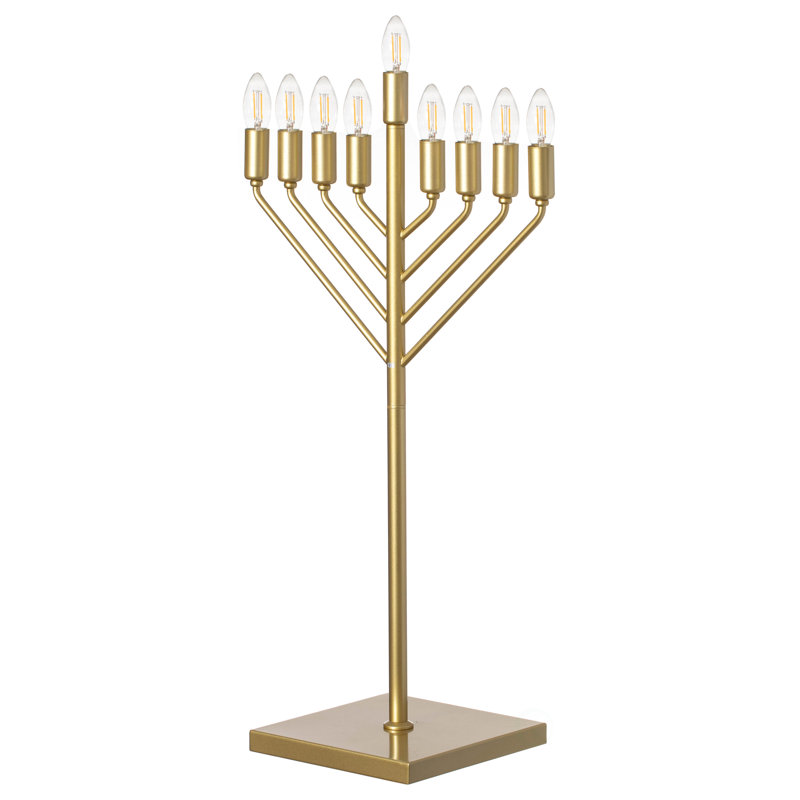 Chabad Style Gold Finish Hanukkah Menorah For Entryway, Living Room, Office, And Kitchen With Led Light Bulbs And Remote Control For Easy Daily Hanukkah Lighting Sequence