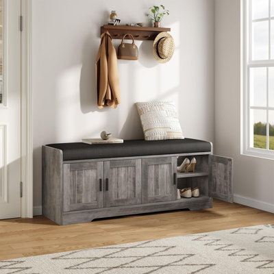 45" Entryway Storage Bench with 4 Doors, 2" Thick Cushioned Shoe Bench, Adjustable Shelf MDF Cabinet Bench for Hallway Bedroom Living Room