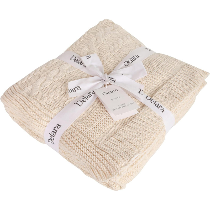 Jeté en coton biologique Delara 50 x 70 pouces, jeté certifié par GOTS pour canapé-lit, Naturel