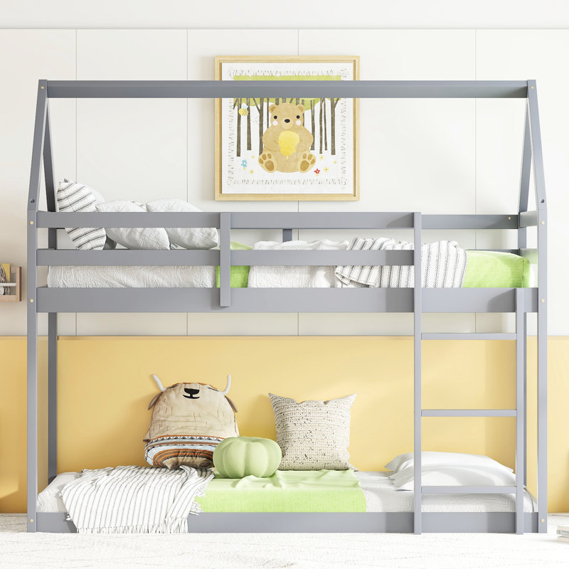 Lit superposé gris au-dessus en bois d'hévéa gris, avec caractéristique séduisante en forme de maison et lit robuste et garde-corps pour lit simple, stable