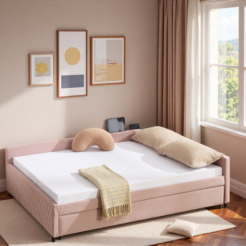 Upholstered Daybed With Trundle And Usb, Pink