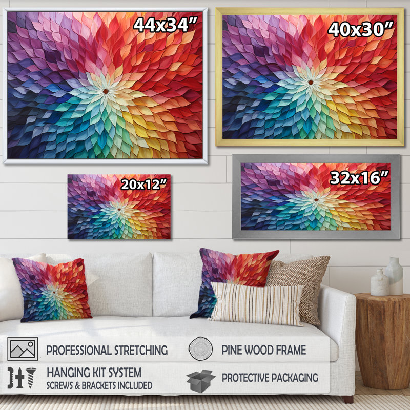 Multicolore Op Art, illusions symétriques sur toile, H 16 po x l 32 po x P 1 po, Cadre flottant noir