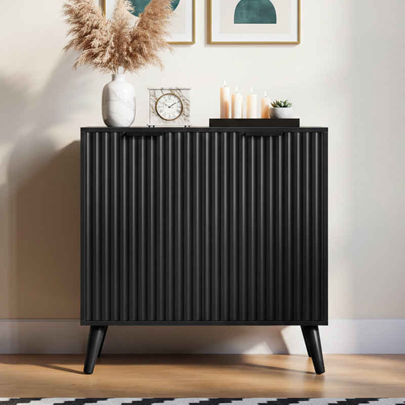32" Wide Walnut Sideboard Buffet Cabinet With Fluted Doors And Adjustable Shelves, Modern Accent Credenza - Walnut, Black