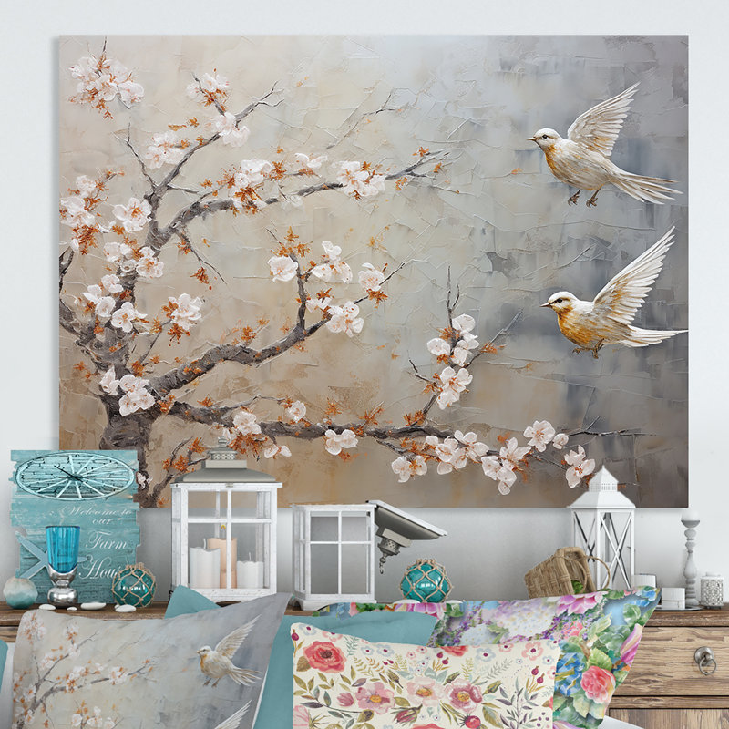Blanc et gris, oiseaux, sérénité florale II - oiseau, art mural en métal, H 16 po x l 32 po x P 1 po