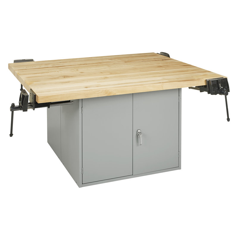 Établi avec plan de travail en bois l 64 po 4 stations, H 33,25 po x l 64 po x P 54 po, Gris / naturel