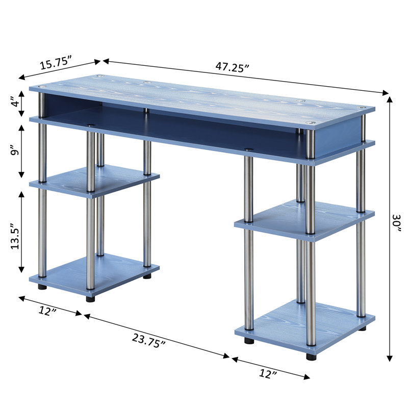 Edwin No Tools Writing Desk with Shelves, Blue/Silver Poles