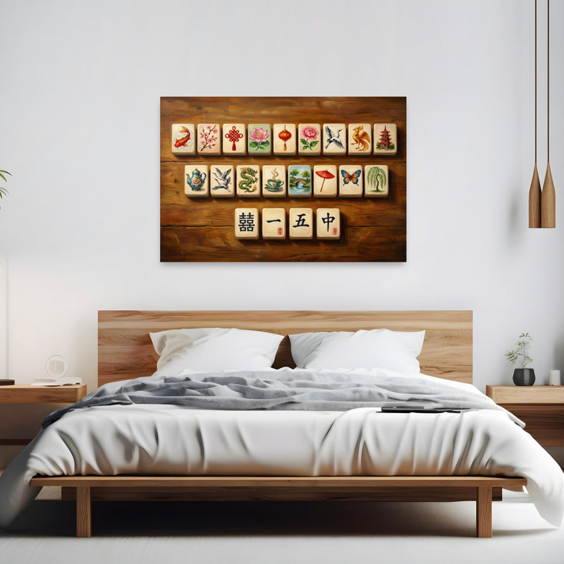 «Vibrant Mahjong Art Traditional Contemporary Butterfly Bird Cerise Flower Nature», art mural, 40" H x 60" W