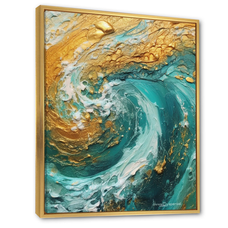 Vagues dorées tourbillonnantes, peinture I - décoration murale spirales abstraites, H 40 po x l 30 po, Cadre flottant blanc