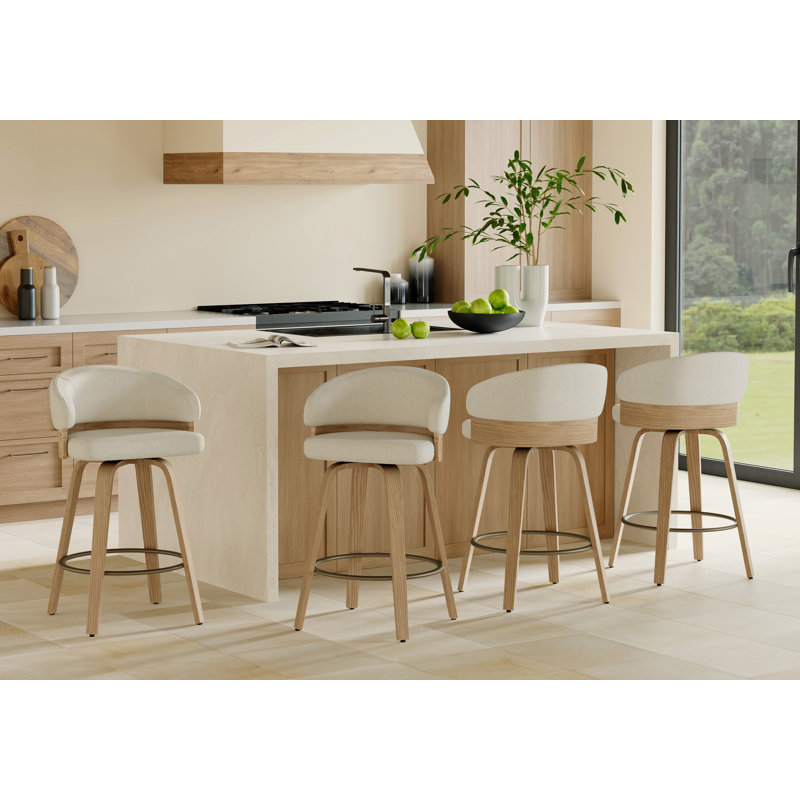 26'' Swivel Upholstered Counter Stool With Wood Frame, Beige Seat/Oak Frame , Counter Stool (26” Seat Height)