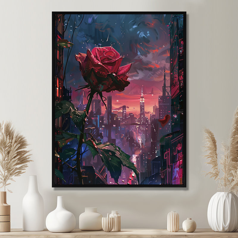 Rose rouge, coucher de soleil urbain II, art mural salon rose, Toile avec cadre flottant noir, H 44 po x l 34 po x P 1,5 po