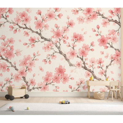 Wall Mural Peel and Stick Wallpaper Elegant Cherry Blossom Branches Light Beige Self-Adhesive Removable Contact Paper Wall Decor for Living Room Bedroom 69"H x 96"W