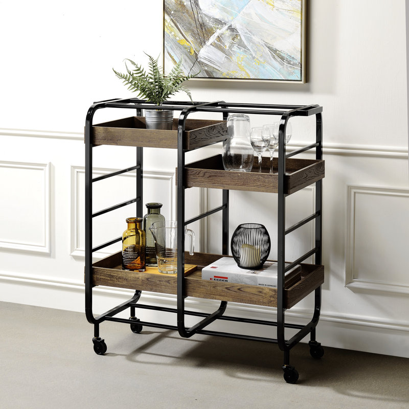 Washed Serving Cart With 3 Adjustable Trays, Black/Brown