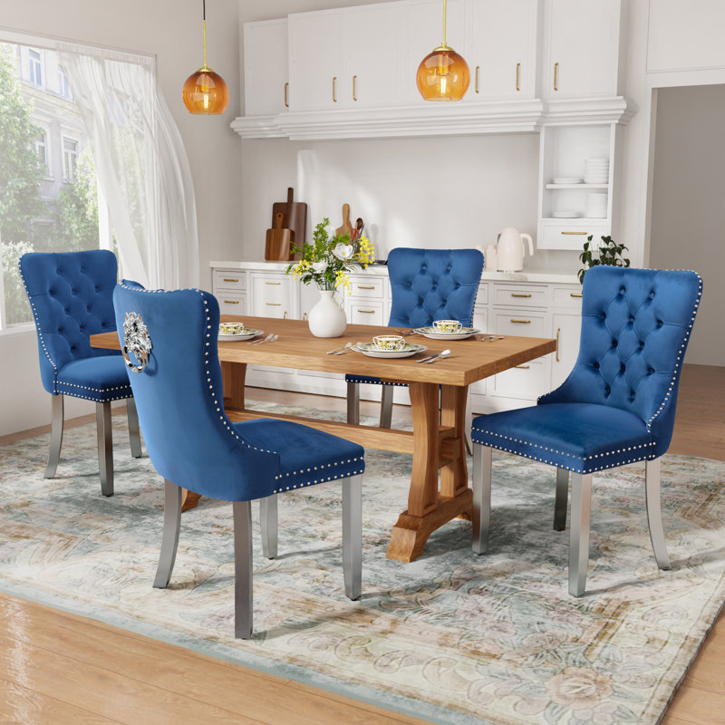 Classic Metal Velvet Upholstered Dining Chair Set of 4, Blue