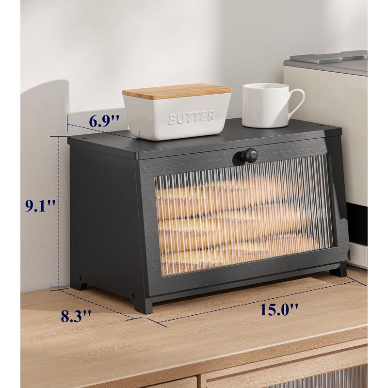 Boîte à pain en bois à 1 niveau, contenant de rangement pour le comptoir de cuisine, Black