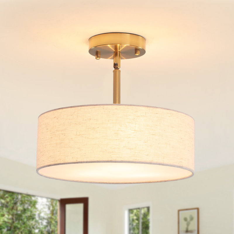 Ihor 3-Light 12.6" Wide Drum Linen Blend Semi Flush Mount Ceiling Light with White Fabric Shade-12.6" W x 10.83"  H, Gold