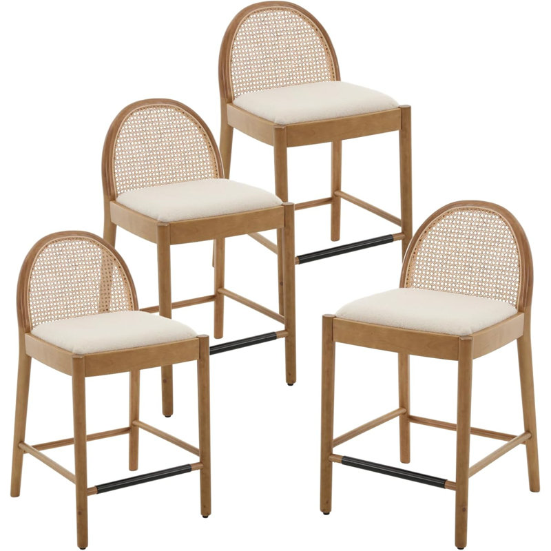 Modern Bar Stools Upholstered Counter Stools With Rattan Backrests And Wood Legs Kitchen Stools For Island, Brown/White