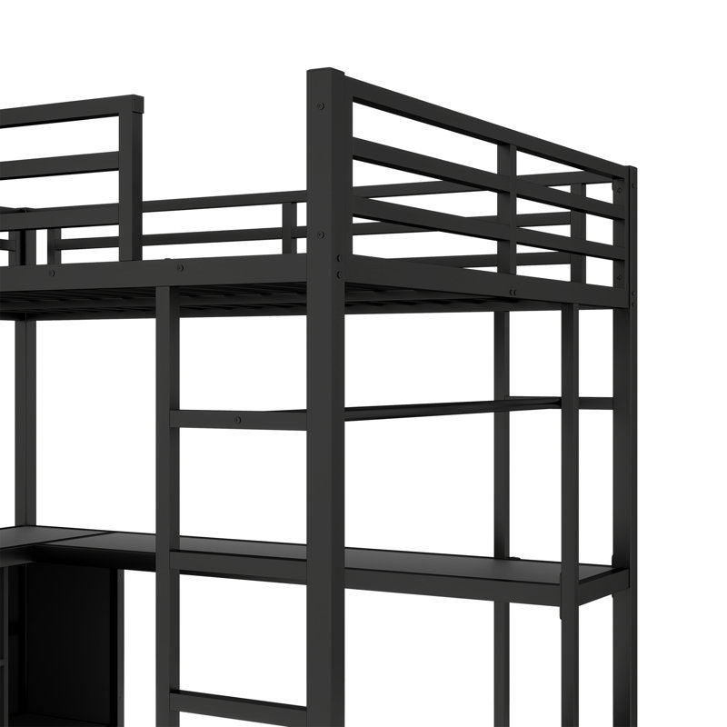 Space‑Saving Full‑Size Metal Loft Bed with L‑Shaped Desk, Wardrobe, USB Charging & Storage Shelves – Black, Full