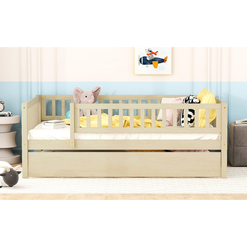 Full Size Wood Daybed With Trundle And Protective Fence Guardrails - Natural. Ensures A Comfortable Rest. Space. No Box Spring Natural Reliable Size. Offers Sleep Environment. Construction. Easy