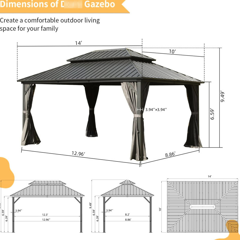 Pavillon de jardin pour la cour, la rouille et la décoloration avec double toit, espace extérieur frais et aéré