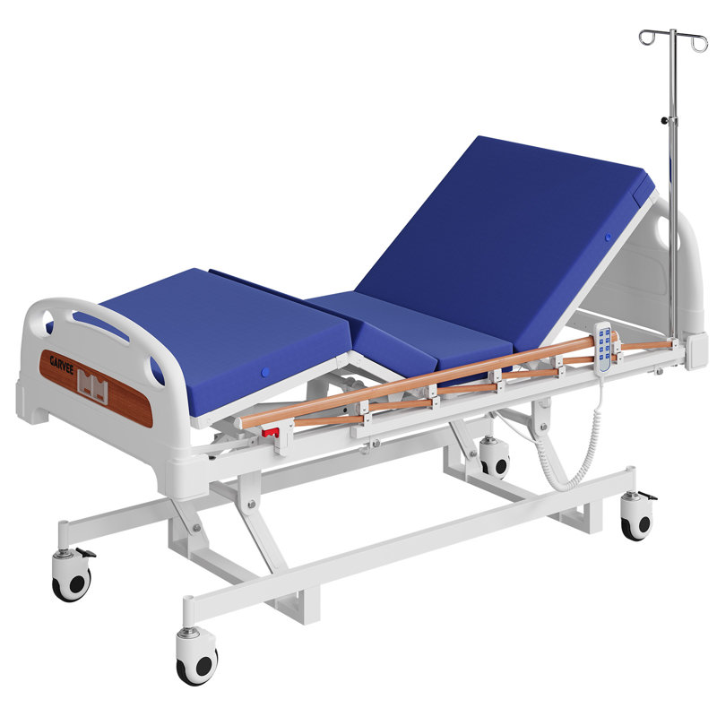 Lit de soins à domicile électrique réglable à 3 fonctions avec télécommande, roulettes verrouillables et matelas en mousse imperméable, réglage multi-positions pour les soins à domicile, capacité de 400 lb, grain de bois