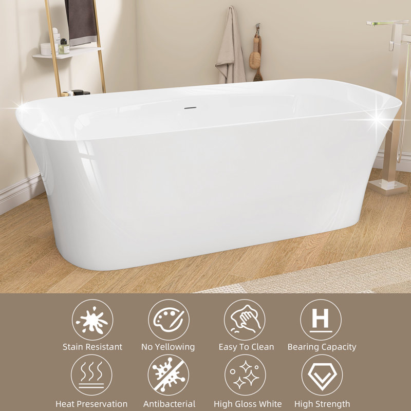 Acrylic White Bathtub 67'' x 30.7'' Freestanding Slipper Soaking Rectangular Tub with Overflow Center Drain