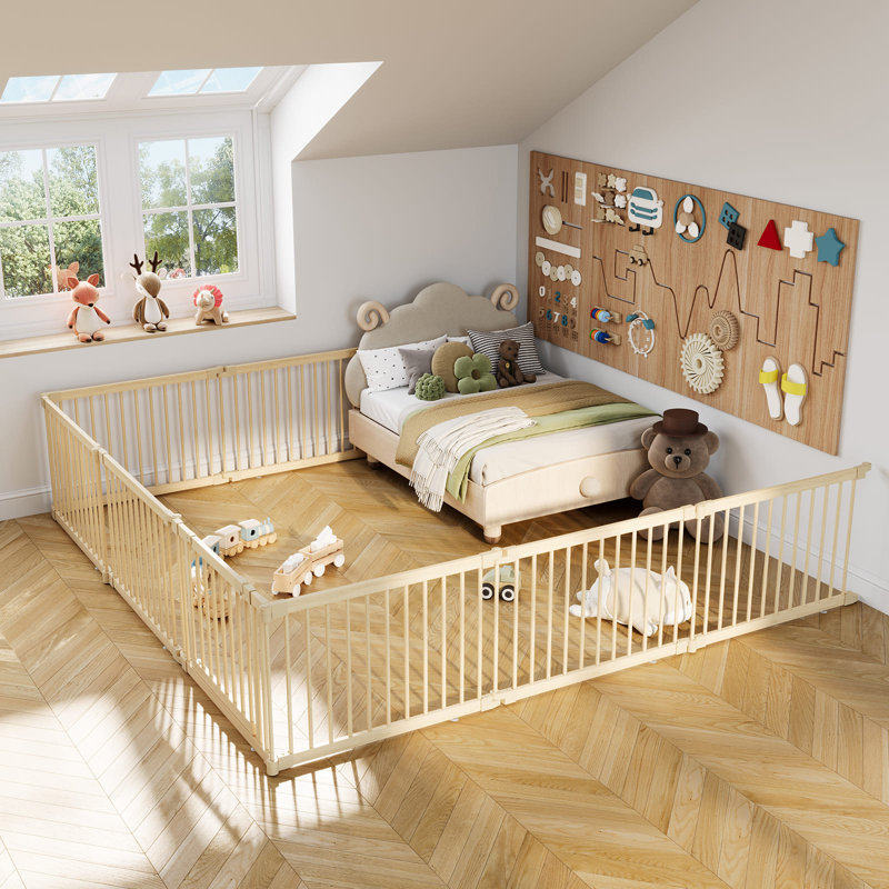 Parc pour bébé en bois de pin naturel - clôture de sécurité pliable et réglable avec barrière à double verrouillage et stabilisateurs d'aspiration