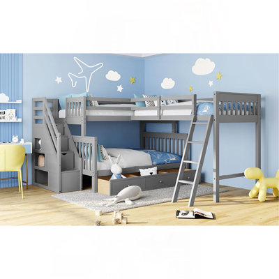 Twin Over Full L-Shaped Bunk Bed With 3 Drawers, Ladder And Staircase