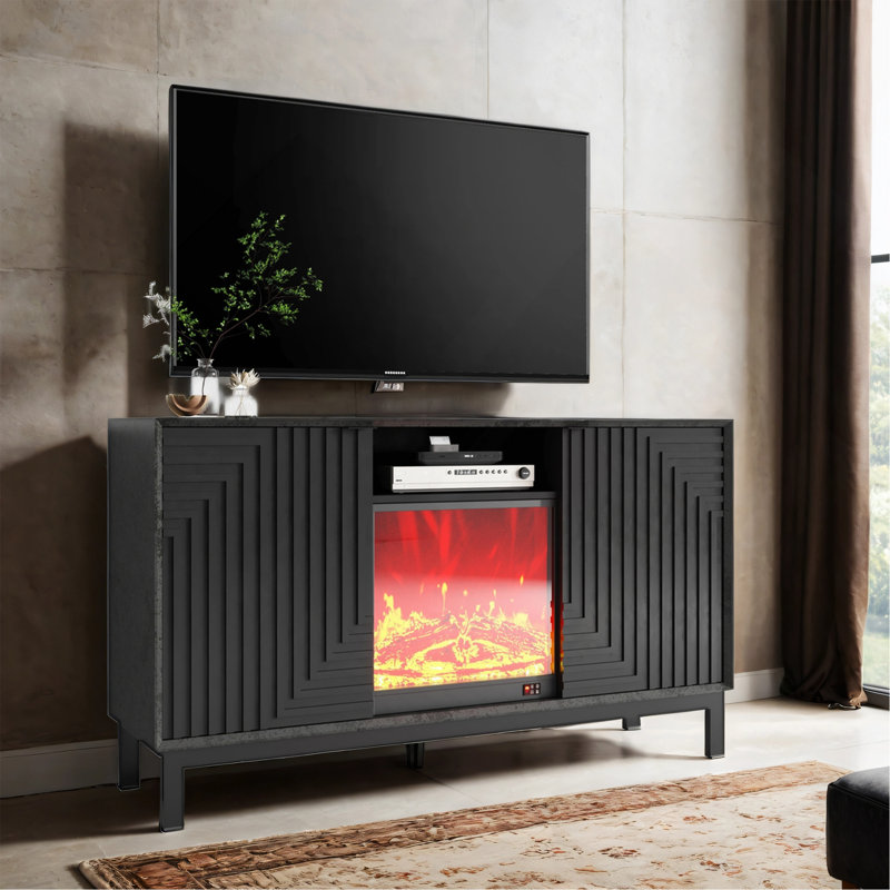 Mid Century Modern TV Stand With Fireplace And Functional Storage