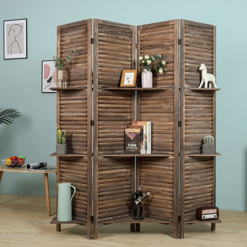 Cloison de style rustique à 4 panneaux avec tablettes d'angle amovibles et paravent pliable, Marron clair