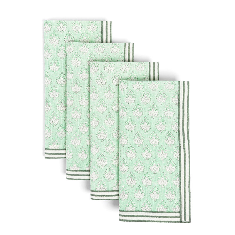 de 4 serviettes de table bloquées à la main et au-dessus, ensemble de 4, Feuille verte