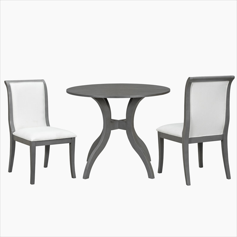 Ensemble de table de salle à manger chêne gris: table ronde de 39,4 po + 2 chaises - ensemble de cuisine traditionnel en bois massif avec plateau de table incrusté, pieds courbés élégants pour la salle à manger